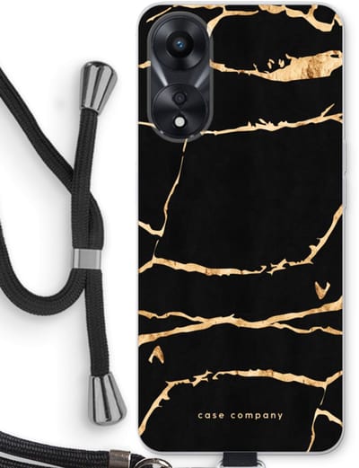 Case Company® - Hoesje met koord geschikt voor Oppo A78 5G hoesje met Koord - Gouden marmer - Telefoonhoesje met Zwart Koord - Bescherming aan alle Kanten en Over de Schermrand