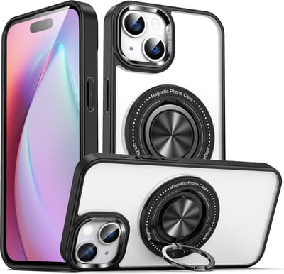 Hoesje Geschikt voor iPhone 15 Plus hoesje voor magsafe Transparant hard case Zwart - kickstand Draaibare Ring Houder