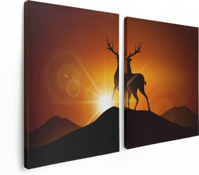 Artaza Canvas Schilderij Tweeluik Hert Op Een Berg - Abstract - Silhouet - 120x80 - Foto Op Canvas - Canvas Print