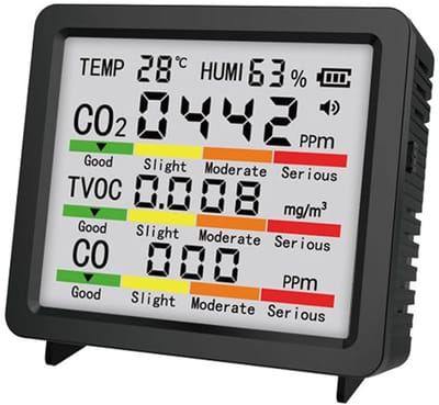 Luchtkwaliteitsmonitor - Luchtkwaliteitstester - Binnenlucht Meten - 5-in-1 Detectie - 80x38x75mm - Zwart
