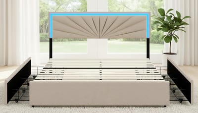Opbergbed 140x200 cm – Casa Velluto Verona Luxe Gestoffeerd Tweepersoonsbed met 4 Lades, Verstelbaar Hoofdeinde & LED Verlichting – Linnen Bedframe met Lattenbodem – Beige D