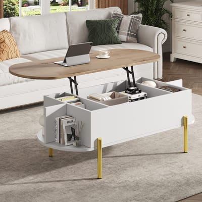 PHOEBE CAT Salontafel - Verstelbaar tafelblad - Opbergruimte - Met planken - Natuurlijke + Wit