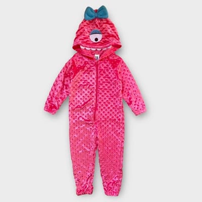 Kinder Onesie Monster – Polar Fleece – Roze – met Capuchon - 1 Oog Monster - Blauwe Strik – maat 98/104