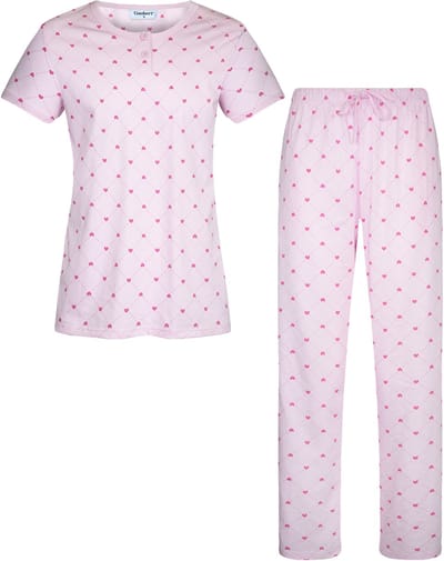 Gaubert Essential Dames Pyjama Korte Mouw - Broek met Zakken - Premium Gekamd Katoen - Hartjes - Roze - Maat M - GB-2813