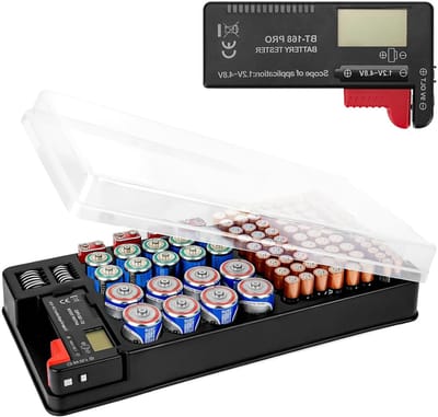 Batterijen Organizer Opslagdoos met Tester voor 93 Batterijen, Geschikt voor AAA, AA, 9V, C, D en Knopcelbatterijen, Zwart