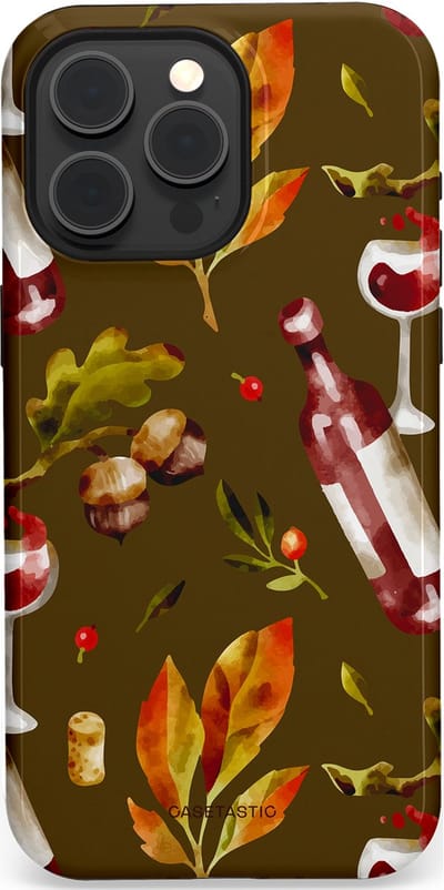 Casetastic Hoesje Geschikt voor Apple iPhone 15 Pro Max Magsafe - Stijlvolle Beschermende Duo-layer Case - Rode Wijn Bladeren