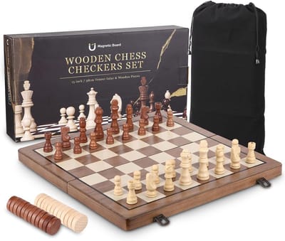 Wooden Chess & Checkers set - Luxe Magnetische Reisschaak- en Dambord 39x39 cm - Inklapbare 2-in-1 Houten Schaak Set - icl. opbergtas