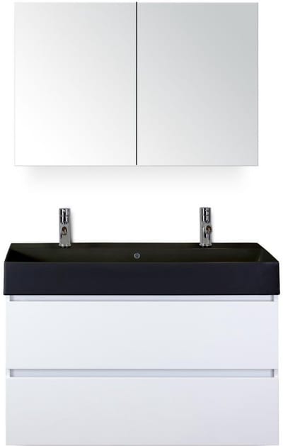 Maxx XL Badmeubelset 100 cm - Wit Hoogglans - Wastafel Kube Zwart 2 Kraangaten met Spiegelkast
