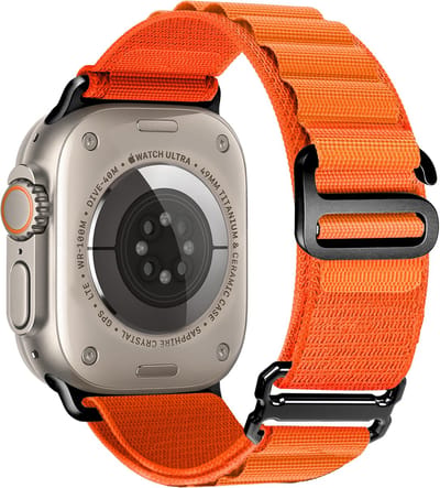Stravo Alpine Loop Nylon Bandje Geschikt voor Apple Watch 46mm (Series 10/11), 45mm (Series 7/8/9), 44mm (Series 4/5/6, SE 1/2/3), 49mm (Ultra 1/2/3) – Oranje/Zwart - Sportief Horlogebandjes met 6-Haak Sluiting