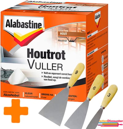 Alabastine Houtrotvuller 500 g - 2 Componenten + Plamuurmes Set 3-Delig (3cm, 6cm, 9 cm)