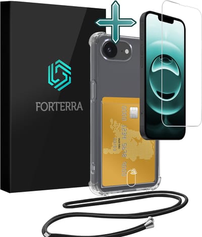 Hoesje Geschikt voor iPhone 16e Pashouder Case Siliconen Hoes Met Koord Met Screenprotector - Hoes Geschikt voor iPhone 16e Met Telefoonkoord Hoesje Back Cover Met Pasjeshouder - Transparant