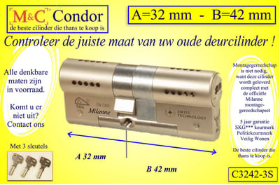 M&C Condor - High Security deurcilinder - SKG*** - 32x42 mm met 3 sleutels - Politiekeurmerk Veilig Wonen - inclusief MilaNNE gereedschap montageset