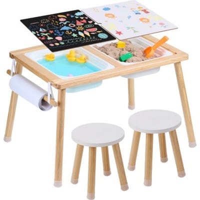 VEVOR Sensorische Tafelset Activiteitentafel Kinderzitgroep en Zand- en Waterspeeltafel met 2 Krukken & 2 Opbergbakken & Papierrolhouder, Kindertafel van Hout - Cadeau voor Kinderen