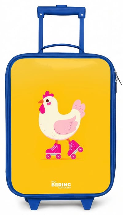 NoBoringSuitcases.com® - Kinderkoffer blauw - Kindertrolley jongen - Kip - Rolschaatsen - Geel - Koffer kind lichtgewicht - Reiskoffer trolley voor kinderen - Koffertje met lichtgevende wieltjes - Rolkoffer