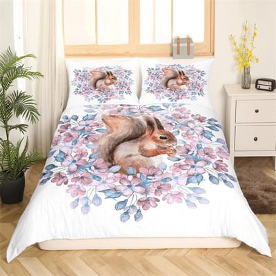 3D Eekhoorn Koning Koningin Dekbedovertrek Mooie Dieren Beddengoed Set voor Kinderen Tieners Volwassenen Wilde Dieren Groene Bladeren Zacht 2/3-delig Dekbedovertrek 140X200cm 2pcs