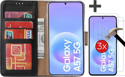 Hoesje met 3 Stuks Screenprotectors Geschikt voor Samsung Galaxy A57 – Arara bookcase met pasjeshouder - Zwart