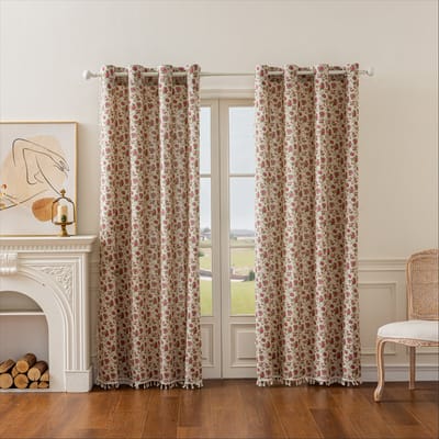 Floraweg Franse vintage rozen gordijnen met franjes – katoen-linnen, halfverduisterend – kant-en-klare gordijnen voor slaapkamers en woonkamers in rustieke stijl, 140x160cm