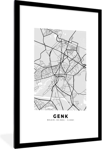 Fotolijst incl. Poster Zwart Wit- België – Genk – Stadskaart – Kaart – Zwart Wit – Plattegrond - 60x90 cm - Posterlijst