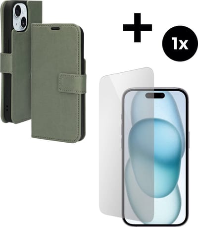 Mobiparts Classic Wallet hoesje geschikt voor Apple iPhone 15 met 1 Screenprotector van Gehard Glas - Groen