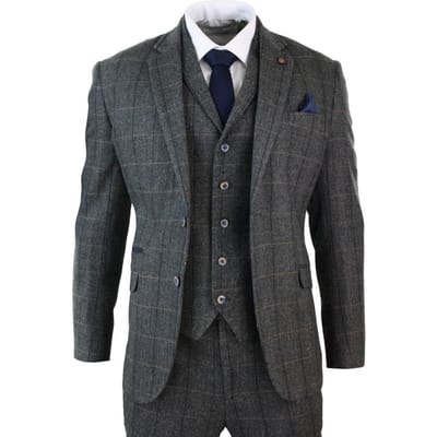 Heren 3-delig houtskoolgrijs geruit tweed visgraat vintage klassiek pak