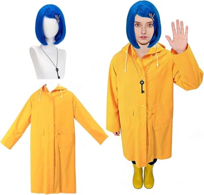 Carnaval Kostuum Dames Gele Regenjas met Marineblauwe Peruk, Ketting en Libelle Haarspeld voor Halloween en Feestjes