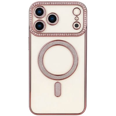 Hoesje met Diamantjes en Glitter Geschikt voor: Apple iPhone 17 Pro Max - MagSafe Glitter Hoesje - Rosegoud met Diamanten steentjes - Glamour Hoesje