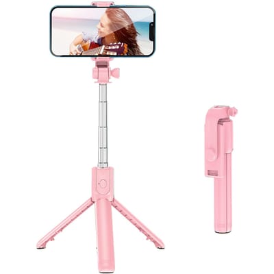 Live Video Statief Selfie Stick Roestvrij Staal Telescopisch Opvouwbaar Draagbare Selfie Stang met Afstandsbediening Pink roze