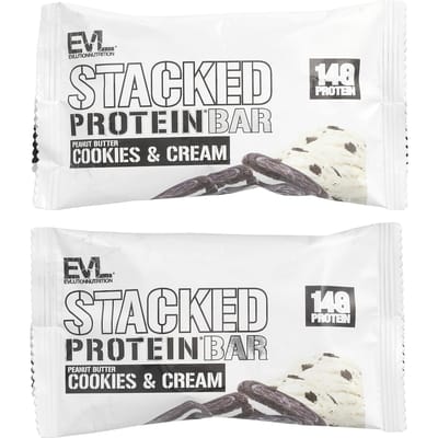 EVLution Nutrition, Barres Stacked Protein, Beurre de cacahuète Cookies & Crème, 2 barres, 2,29 oz (65g) chaque