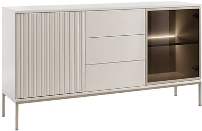 Vente-unique Buffetkast met 2 deurtjes en 3 lades met ledverlichting van MDF en gerookt glas - Beige en zwart - OVILA