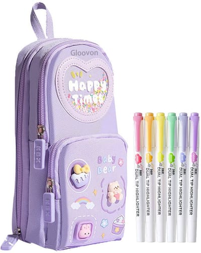 Gloovon® Etui - Grote Capaciteit - 3 Lagen & 6 Vakken - Geschikt voor 20cm Liniaal - Inclusief 6 Markeerstiften & 3D Decoratie - Paars