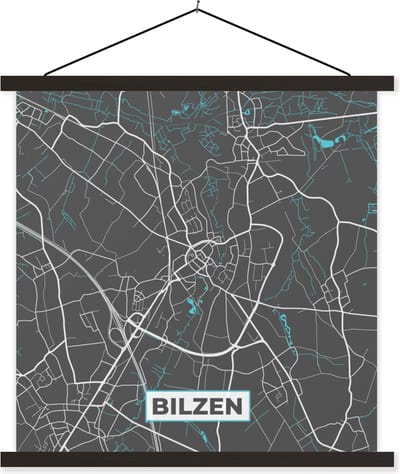 Posterhanger incl. Poster 60x60 cm - Schoolplaat - Kaart – Plattegrond – Stadskaart – Bilzen – België - Grijs - Textielposter - Zwarte latten - Stadskaart