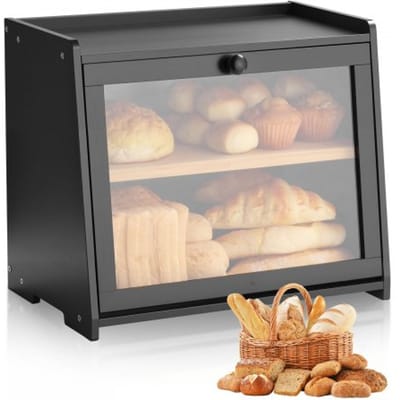 VEVOR Dubbellaagse broodtrommel voor aanrecht, broodtrommel, broodtrommelorganizer van hout voor zelfgebakken brood, opbergcontainer met gegolfd acryl deurpaneel, broodopslag zwart