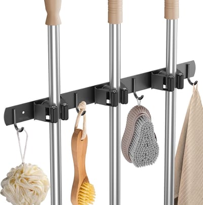 Famanu – Bezemhouder wandmontage – 3-positie dweilhouder met 2 installatiemethoden, heavy-duty en praktisch – Voor keuken, badkamer en tuin