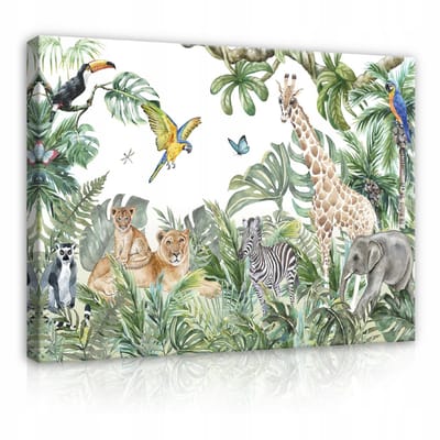 WALLARENA - Canvas schilderij - 100x70 cm - Schilderij met jungle dieren voor de kinderkamer