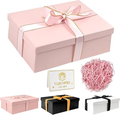 Premium Cadeaubox met Deksel 25 x 18 x 8,5 cm, Luxe Geschenken, Strikken, en Raffia Vulling voor Verjaardagen, Moederdag en Feestdagen (Roze)