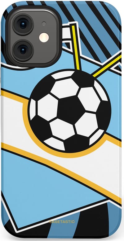 Casetastic hoesje geschikt voor Apple iPhone 12 Mini - Dubbellaagse bescherming - Kampioensbal - Fashion Case - Lichtblauw Zwart Wit