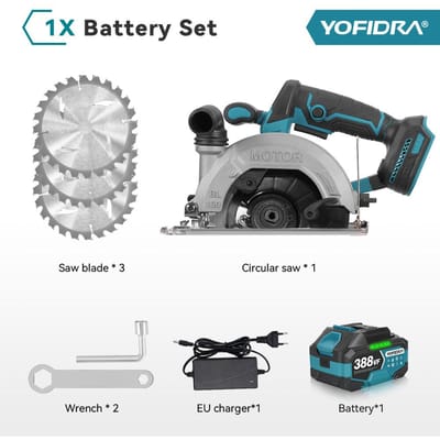 YOFIDRA 6-Inch Borstelloze Elektrische Cirkelzaag Digitale Weergave Kettingzaag Multifunctioneel Snijgereedschap Voor Makita 18V Batterij Pin 1 Battery EU Plug