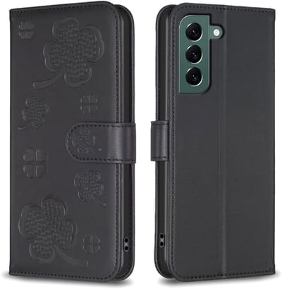 Voor Samsung Galaxy S24 FE 5G lederen telefoonhoes met vier bladeren (zwart)