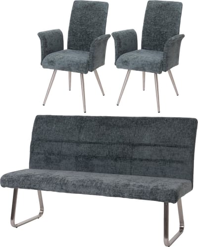 Eetkamerset MCW-G55, set van 2 stoelen met armleuningen + zitbank 180cm, geborsteld roestvrij staal stof/textiel chenille ~ blauwgroen