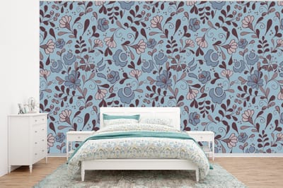 Behang - Fotobehang Patroon - Bloem - Grijs - Blauw - Breedte 320 cm x hoogte 240 cm