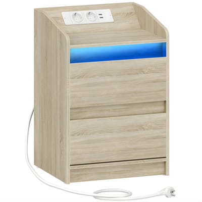 Nachtkastjes – Voor Slaapkamer – Bijzettafels met LED-Verlichting, Oplaadstation, USB & Stopcontact en 2 Lades – Modern Design