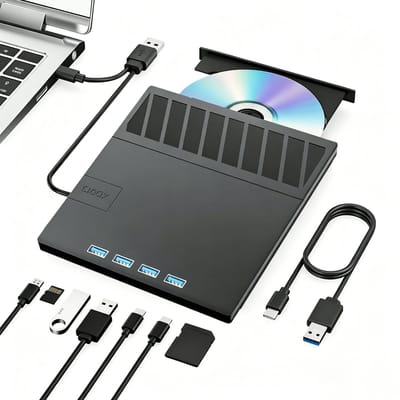 Fokelyi - 7-in-1 Externe DVD/CD Speler & Brander - USB 3.0 & USB-C - Multifunctioneel met USB-hub en SD-kaartlezer - Draagbaar - Plug & Play - Voor Windows, MacOS & Linux