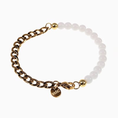 20cm x 6,5mm Witte Kralen Armband Heren - Verguld Roestvrij Staal - Cubaanse Schakelarmband met Agaatstenen