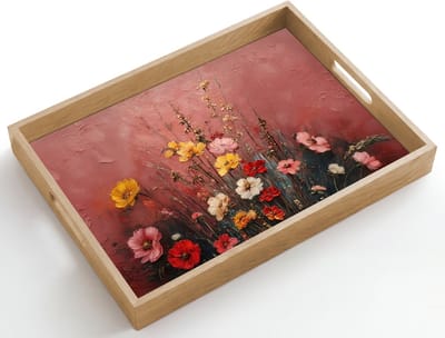 Dienblad hout 50x35 cm - Schootdienblad - Bloemenboeket - Fijne details - Roze - Borrelplank rechthoek - Plateau dienbladen