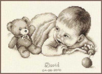 Vervaco - Telpakket kit - Geboorte - Sepia -Baby met beertje - PN-0012148 - Borduren - Borduurpakket - Borduurpakket geboorte - Borduurpakket volwassenen