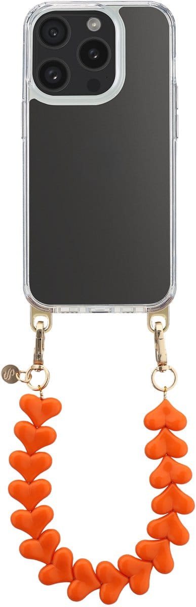 Selencia Transparant Hoesje met Haakjes inclusief Hartjes Polskoord - Geschikt voor Apple iPhone 15 Pro - Oranje