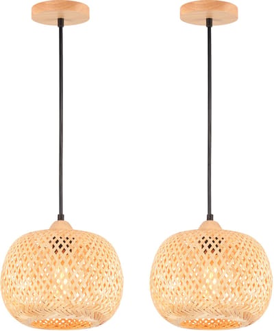 2 Stuks Hanglamp Rotan Geweven Kroonluchter Boho 20cm Plafondlamp voor Slaapkamer Woonkamer Hal