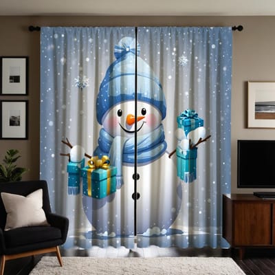2-delige set HD kerstcadeau sneeuwpop decoratie gordijn Blauwe strik digitaal bedrukt gordijn Huisdecoratie stijl Decoratie livin W52H63inchW132H160cm white