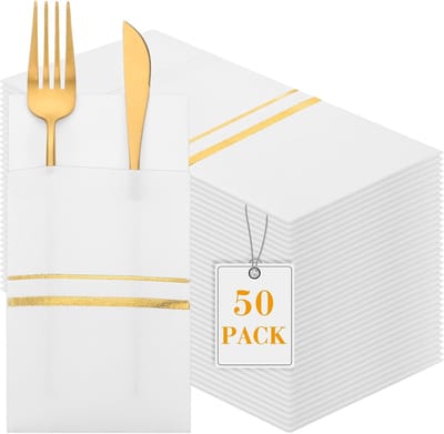 Famanu – Set van 50 wegwerpservetten met ingebouwde bestek pocket, 30x40 cm in wit met gouden trim, ideaal voor bruiloften en diners