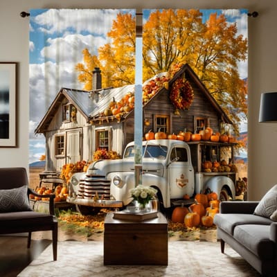 2 pièces HD vintage Récolte d'automne arrière Citrouille Bus Cottage de campagne rideau décoratif Jaune cravate rideau imprimé numérique Maison de W52H63inchW132H160cm black